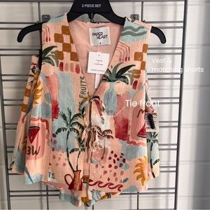 Women's paper heart 2 piece linen print set. Large